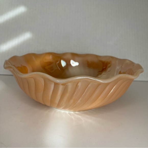Vtg Fire King Peach Lustreware Bowl Iridescent Swirls Ruffled Edges - Picture 3 of 9